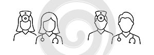 Woman and Man Doctors Team Black Line Icon Set. Medical Specialists Group Pictogram. Healthcare Professional Nurse