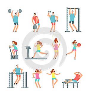 Woman and man doing various sports exercises with gym equipment. Fitness cartoon vector people, gym workout isolated