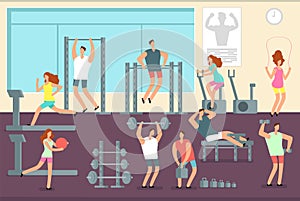 Woman and man doing various sports exercises in gym. Fitness indoor workout vector concept