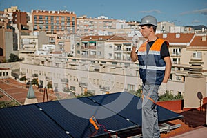 Woman and man engineer technicians doing maintenance service solar panel system