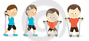 Woman and man exercising with resistance band tubes