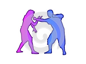 Woman and man fighting with martial arts in a white background.