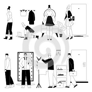 Woman or man getting dressed or undressed in hallway scenes set