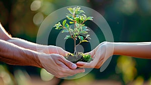 Woman and man hands hold together a small green tree. Earth day eco concept. Future of the planet