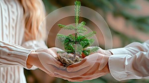 Woman and man hands hold together a small green tree. Earth day eco concept. Future of the planet