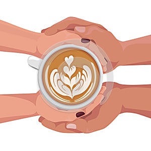 Woman and man hands holding coffee cup. Latte art. Cappuccino crema of heart shape. Top view. Cartoon vector