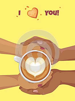 Woman and man hands holding coffee cup. Latte art. Cappuccino crema of heart shape. Top view. Cartoon vector