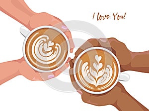 Woman and man hands holding coffee cup with latte art. Cappuccino crema of heart shape. Top view of table in cafe. Flat