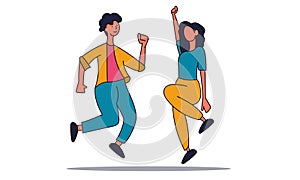 Woman and man happy jump and fun celebration. Happiness group friend jumping and freedom vector illustration concept. Friendship