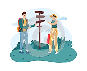 Woman and man hiker standing near direction sign. Guy and girl with backpacks searching for location