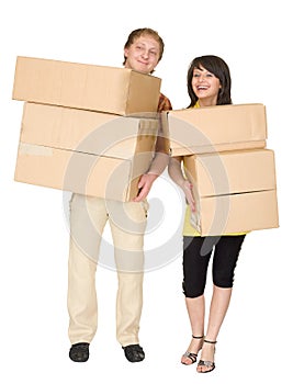 Woman and the man hold boxes