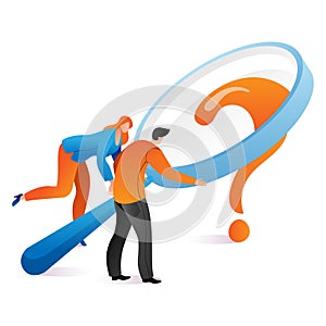 Woman and man hold magnifying glass, solution business issue, question mark cartoon  illustration, isolated on
