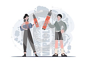 A woman and a man are holding an electronic cigarette in their hands. Flat style. The concept of vapor and vape. Vector