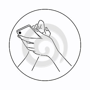 A woman or a man holding a smartphone in her hands, touch gestures, hand drawing style or simpl. Vector black and white