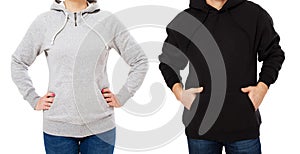 Woman and man in hoodie mock up isolated on white background copy space template. Empty sweatshirt blank template