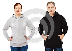 Woman and man in hoodie mock up isolated on white background copy space template. Empty sweatshirt blank template