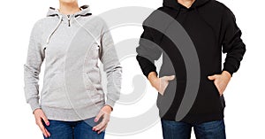 Woman and man in hoodie mock up isolated on white background copy space template. Empty sweatshirt blank template