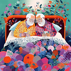man woman together love happy retired couple old bed grandmother husband asleep. Generative AI.