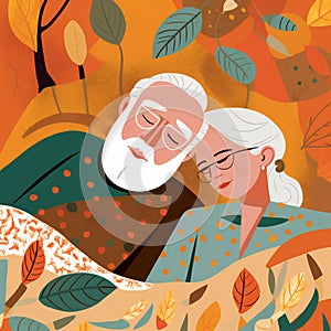 asleep woman man love retired mature happy bed couple together old husband. Generative AI.