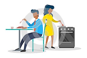 Woman and man on the kitchen. Female character cooking