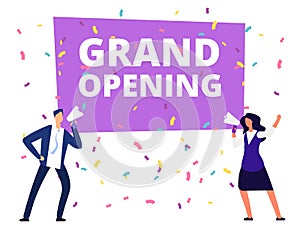 Woman and man with loudspeaker at grand opening banner and conffetti. Vector illustration