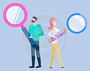 Woman, Man with Magnifying Glass Isolated People