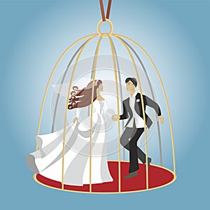 Woman and man, married in a bird cage. Vector illustration.