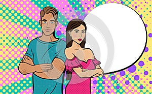 Woman with a man in pop art style. Background in comic style retro pop art. Illustration for print advertising and web.
