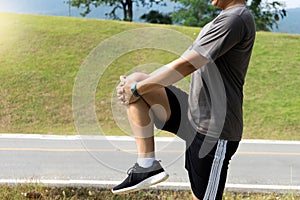 woman man prepare for exercise warm up body leg berfore sport jo