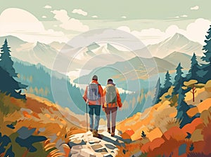 woman man relaxation hike couple nature trekking tent camping forest illustration vacation. Generative AI.