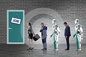 Woman man and robot competing for jobs