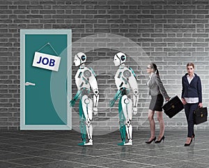 Woman man and robot competing for jobs