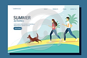 Woman and man running with the dog on the beach. Summer vector illustration in flat style. Design for your purposes with