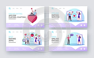 Woman and Man Searching Love Partner on Dating Site Landing Page Template Set. Virtual Relations, Characters Chat Online
