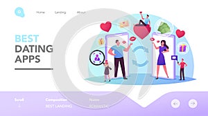 Woman and Man Searching Love Partner on Dating Web Site Landing Page Template. Virtual Relations, Chatting Online