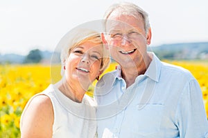 Woman and man, seniors, standing at sunflower field