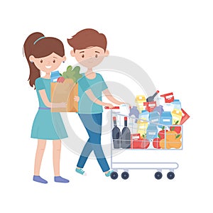 Woman and man shopping with cart bag and products vector design