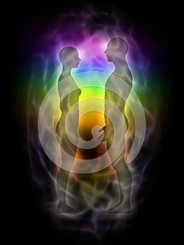 Woman and man silhouette with aura, chakras, energ