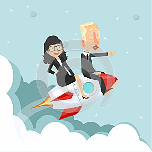 Woman and man sitting on on a flying rocket