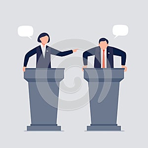 A woman and man taking part in debates.
