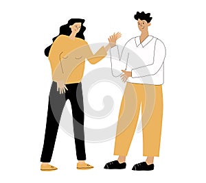A woman and a man are talking. Smalltalk, a conversation on the street. Conversation of colleagues, friends. vector photo