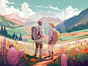 woman man tent vacation hike forest couple cartoon nature illustration landscape camping. Generative AI.