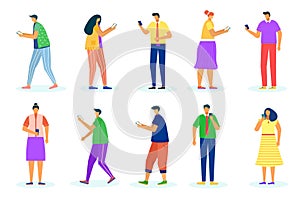 Woman man use gadget set, vector illustration. Flat people character talk in internet, female male person hold