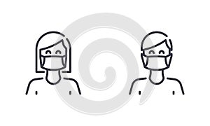 Woman and Man Wear Medical Face mask to Protect Themself from Coronavirus or Covid-19. Outline Illustration Vector. EPS 10.