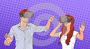 Woman And Man Wear Virtual Reality Digital Glasses Pop Art Colorful Retro Style