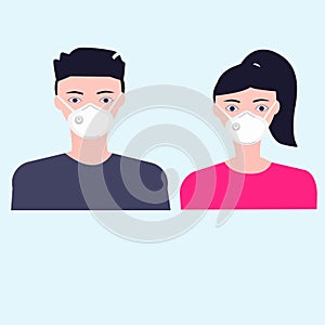 Woman and man wearing breath anti dust mask pm2.5 for protect something that cause allergic reactions include pollen