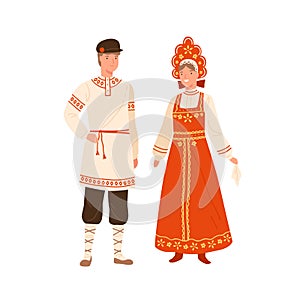 Woman and man wearing russian national costume. Female character in kokoshnik and traditional sarafan. Male person in