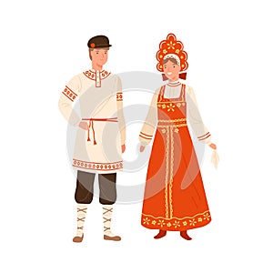 Woman and man wearing russian national costume. Female character in kokoshnik and traditional sarafan. Male person in photo