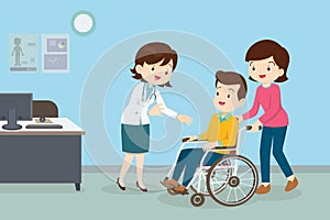 Woman and man on wheel chair see Doctor