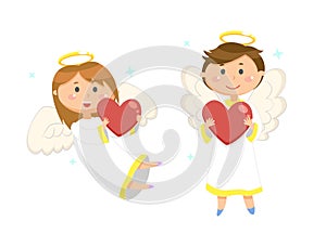 Woman and Man with Wings and Nimbus, Angels Vector